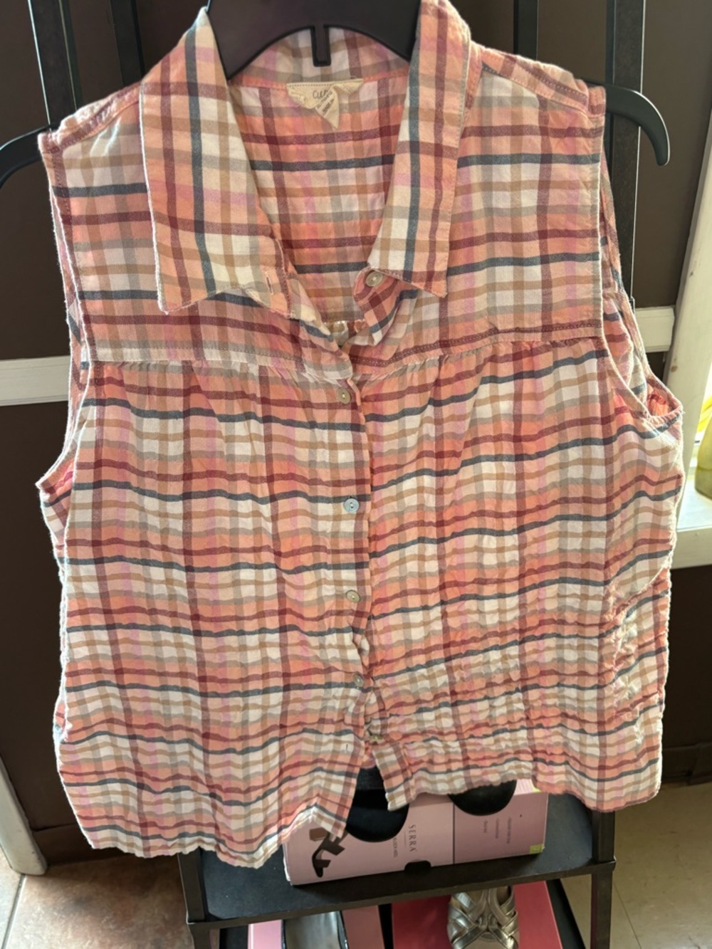 Cupio Pink Peach Plaid Sleeveless Button-Down Top